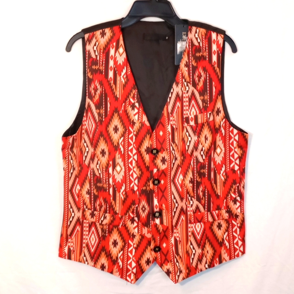 Men's Aztec Print Orange Waistcoat Wedding Party Prom Suit Sleeveless Vest M